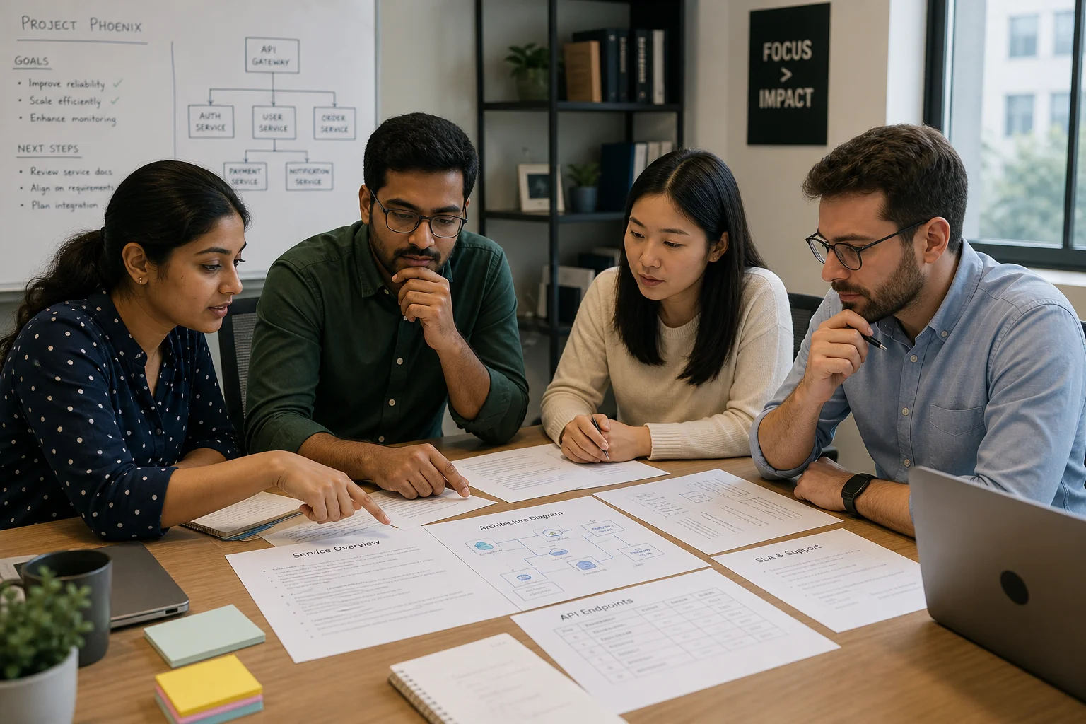 Team vergleicht Lernkarten zu Prüfpunkten am Projektortisch